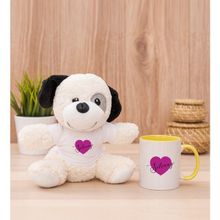 Hediye Dükkanı Kişiye Özel Mor Kalpli isimli Sarı Kupa Bardak ve Peluş Köpek