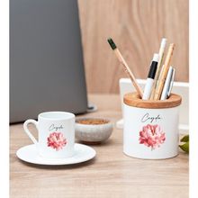 Hediye Dükkanı Kişiye Özel Pembe Çiçekli Isme Özel Beyaz Türk Kahvesi Fincanı ve Kalemlik