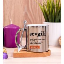 Hediye Dükkanı Kişiye Özel Sevgili Kelime Anlamı Ahşap Altlıklı Kaşıklı Silver Kupa Bardak