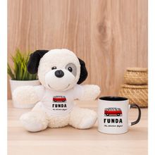 Hediye Dükkanı Kişiye Özel Vosvos Minibüs Tasarımlı Siyah Kupa Bardak ve Peluş Köpek