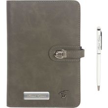 Hediye Rengi İsme Özel Deri Kapaklı Organizerli Gri Kalem ve Defter Seti
