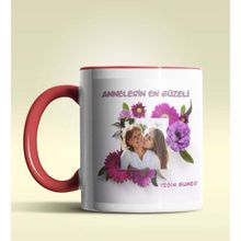 Hediye Zengini Kişiye Özel Çiçek Çerçeveli Fotoğraf Temalı Kırmızı Kupa Bardak
