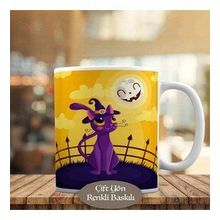 HEDIYELIK-570 Gülümseyen Dolunay Şapkalı Kedi Halloween Kupa Bardak