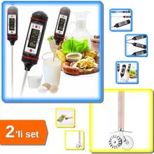 Hereveoyuncak Dijital Gıda Termometreesi Sıvı Gıda Et Süt Sıcaklık Ölçer + Hamur Ruleti ve Pizza Kesici - 2li Set