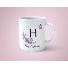 Hesaplısı Burada Kişiye Özel H Baş Harfli Isimli Mor Çerçeveli Beyaz Kupa Bardak