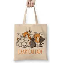 Humuts Crazy Cat Lady Kedi Açık Bej Uzun Saplı Bez Çanta