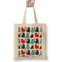 Humuts Kediler Cat Pattern Açık Bej Uzun Saplı Bez Çanta