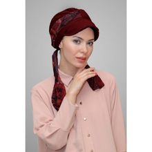Hürrem Bone 1902_16 Bordo Kesik Elyaf Desenli Şifon Kemerli Şapkalı Tesettür Bone