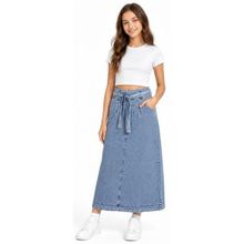 İREM ÇOCUK GİYİM Kız Çocuk Beli Lastikli Kuşaklı Pileli Model Cepli Uzun Boy Kot Etek,Mavi 13 Yaş