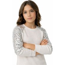 İrem Çocuk Giyim Kız Çocuk Omuzları Pul Detaylı Fitilli Kumaş Beyaz Renk Gri Pullu Badi - 14 Yaş