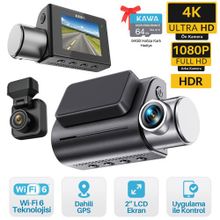 Kawa D7 4K 1080P HDR Wi-Fi 6 GPS'li 2 Kameralı Ön ve Arka Araç Kamerası ve 64 GB Hafıza Kartı