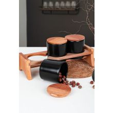 Keramika Ege Ahşap Standlı Mat Siyah 10 cm 4 Parça Saklama Kabı