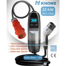 Khons Taşınabilir Elektrikli Araç Şarj İstasyonu | Cihazı | 22 Kw | 10m Kablo