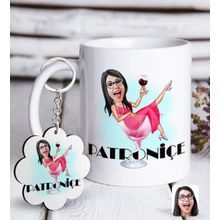 Kişiye Özel Anahtarlık ve Bayan Patroniçe Karikatürlü Beyaz Kupa