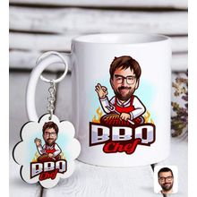 Kişiye Özel Anahtarlık ve Erkek Barbekü Chef Karikatürlü Beyaz Kupa