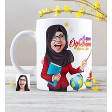 Kişiye Özel Tesettürlü Bayan Öğretmen Karikatürlü Beyaz Kupa Bardak