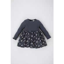 Kız Bebek Çiçekli Uzun Kollu Fitilli Kaşkorse Elbise