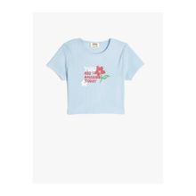 Koton 2SKG10559AK Crop Çiçek Baskılı Kısa Kollu Bisiklet Yaka Pamuklu Pembe Kadın T-shirt