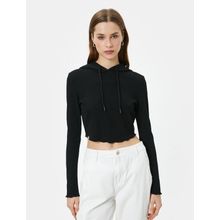 Koton 4SAK50276EK Kapüşonlu Uzun Kollu Baskılı Crop Siyah Kadın T-shirt