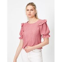 Koton 9YAK13921EK710 Bisiklet Yaka Kısa Kollu Fırfır Detaylı Kadın T-Shirt