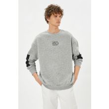 KOTON Erkek 4WAM70152MK Bisiklet Yaka Uzun Kollu İşlemeli Sweatshirt, Gri (031), XL