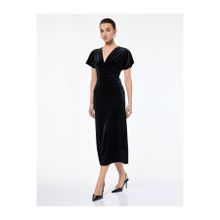 Koton Slim Fit Kısa Yarasa Kollu Kruvaze V Yaka Midi Boy Kadife Elbise