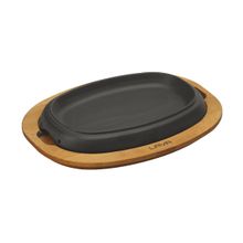 Lava 26x19 cm Siyah Döküm Oval Fajita Tabağı Kayın Servis Ahşabı