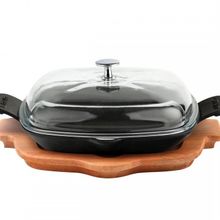Lava Cam Kapak Kayın Servis Ahşabı Döküm Demir Yekpare Çift Kulplu Ölçü 26x26 cm Siyah Döküm Kızartma Tavası