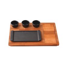 Lava Döküm 13x25 cm Siyah Dikdörtgen Servis Tabağı ve Ahşap Altlığı