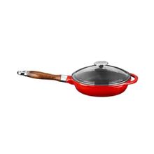 Lava Yuvarlak 24 cm Kırımızı Metal Cam Kapaklı Ahşap Kulplu Kızartma Tavası