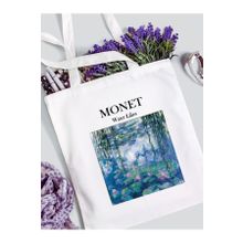 Limon Monet - Zambaklar Baskılı Beyaz Kalın Su Geçirmez Kanvas Omuz Çantası Tote Bag