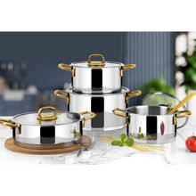 Lines Silver 8 Parça Altın Metal Kulplu Çelik Tencere Seti