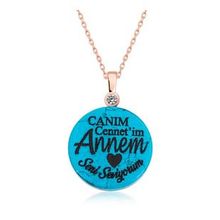 Lucky Gümüş Rose Turkuaz Taşlı Annem Yazılı Kadın Kolye