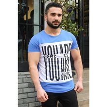 Madmext 3001 Saks Mavi Bisiklet Yaka Baskılı Erkek T-shirt
