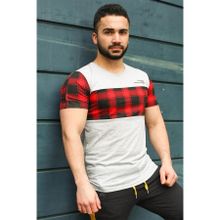 Madmext 3004 Beyaz Bisiklet Yaka Ekoseli Erkek T-shirt