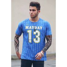 Madmext 3008 Saks Çizgi Detaylı Baskılı Erkek T-shirt