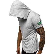 Madmext 3069 Gri Yırtık Detaylı Kapüşonlu Erkek T-shirt
