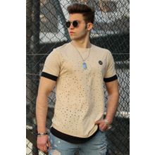 Madmext 4489 Camel Yırtık Detaylı Erkek T-shirt