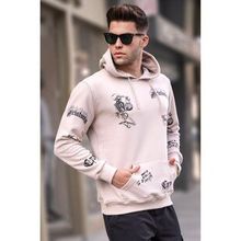 Madmext 5895 Erkek Bej Baskılı Kapüşonlu Sweatshirt