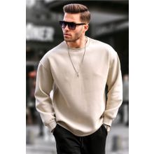 Madmext 6048 Bej Bisiklet Yaka Oversize Şardonlu Basic Erkek Sweatshirt
