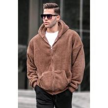 Madmext 6049 Kahverengi Peluş Over Fit Kapüşonlu Fermuarlı Erkek Sweatshirt