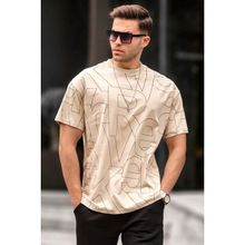 Madmext 6061 Bej Harf Desenli Bisiklet Yaka Erkek T-shirt