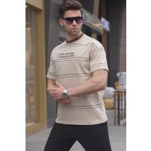 Madmext 6063 Bej Bisiklet Yaka Çizgili Erkek T-shirt