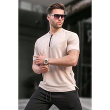 Madmext 6086 Bej Fermuar Yaka Erkek T-shirt