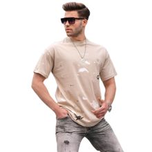 Madmext 6115 Bisiklet Yaka Regular Fit Bej Desenli Erkek T-shirt