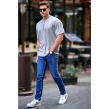 Madmext 6198 Boyalı Çizgili Oversize Gri Erkek T-shirt