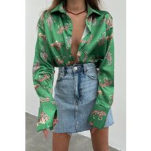Madmext MG187 Mad Leoparlı Yeşil Saten Kadın Gömlek