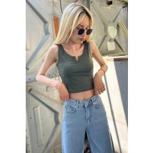 Madmext MG362 Mad Girls Önü Detaylı Haki Crop Top