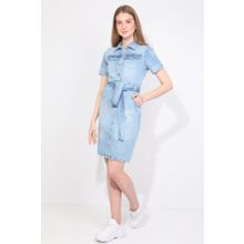 Markapia İki Cepli Açık Mavi Jean Kemerli Regular Fit Kadın Elbise