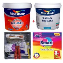 Marshall Serap 2.5 lt Silikonlu SilPak Leke Tutmaz Duvar Boyası Marshall 3.5 kg Tavan Boyası ve İzmir Fırça Duvar Boyama Seti